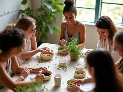 Diverse group of people participating in a beauty workshop within a bright, open studio space at Rainforest Bloom