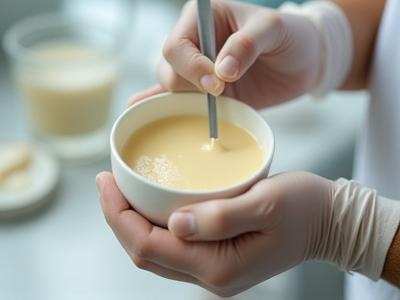 Close-up of a scientist carefully preparing a small batch of cosmetic product in the lab
