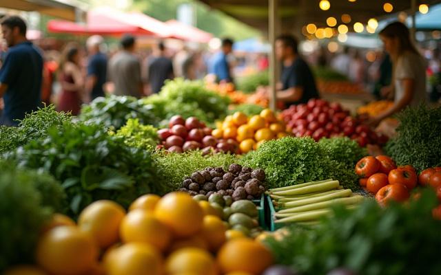Vibrant, bustling Portland farmer's market with fresh produce and flowers, evoking the inspiration for Rainforest Bloom's founder