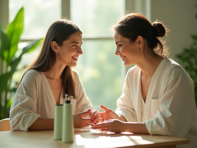 A Rainforest Bloom consultant warmly interacting with a client during a personalized beauty consultation, surrounded by natural light and botanical elements.