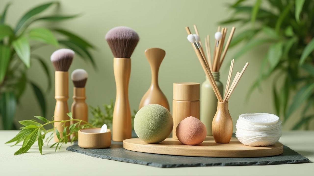 An aesthetically arranged collection of Rainforest Bloom's eco-friendly beauty tools, including bamboo-handled brushes, a plant-based bio-blender sponge, and reusable cotton rounds, all displayed on a natural slate surface with soft, diffused lighting.