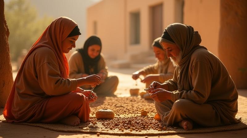 Moroccan women working together to process argan nuts into oil, in a traditional setting.