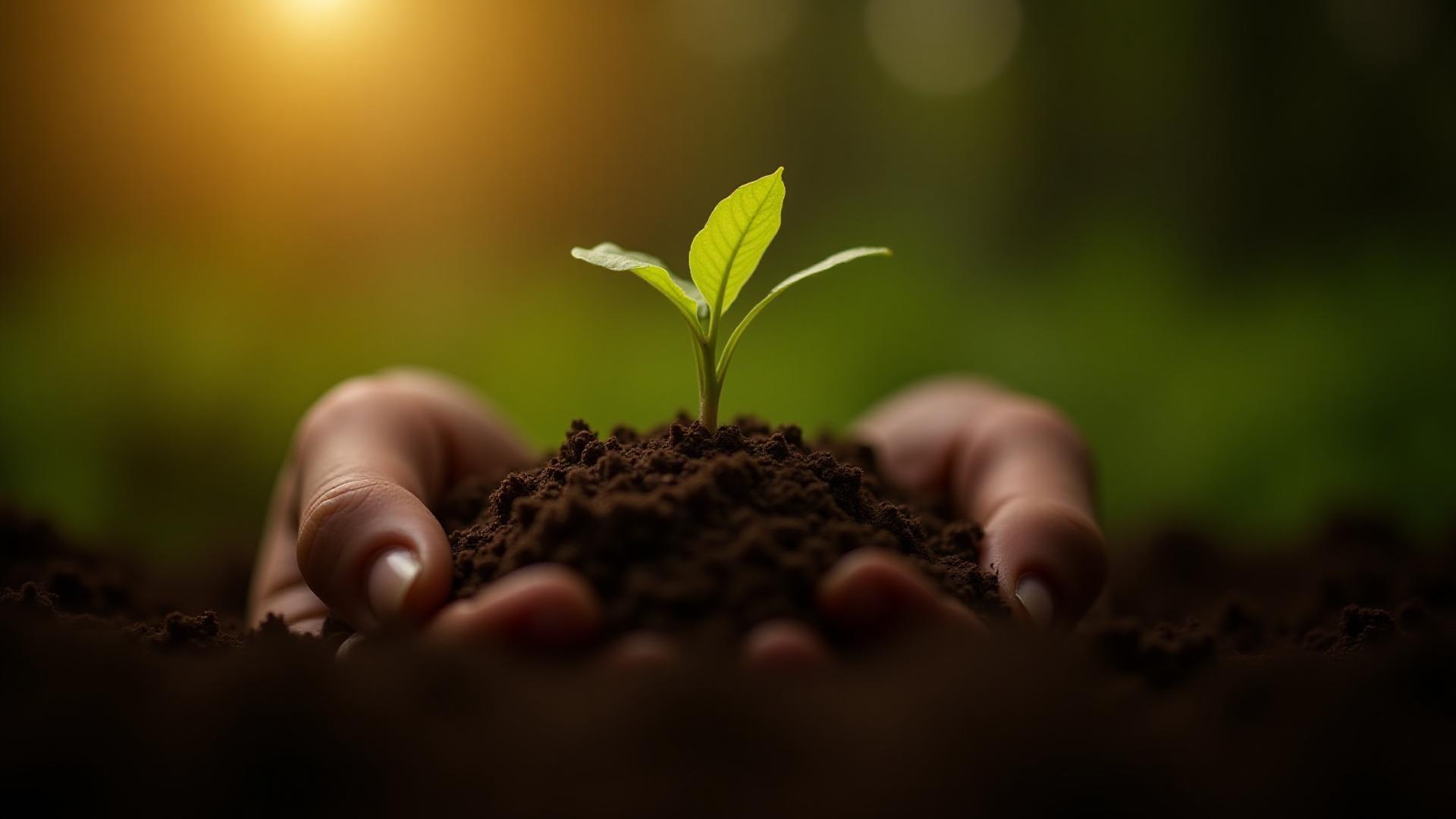 Close-up of a farmer's hands gently holding a handful of rich, dark, thriving soil with a young green sprout emerging, symbolizing regeneration.