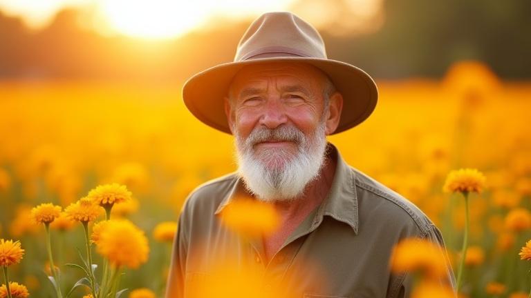 Elderly farmer with weathered hands, smiling gently in a field of vibrant calendula flowers, embodying wisdom and connection to land.