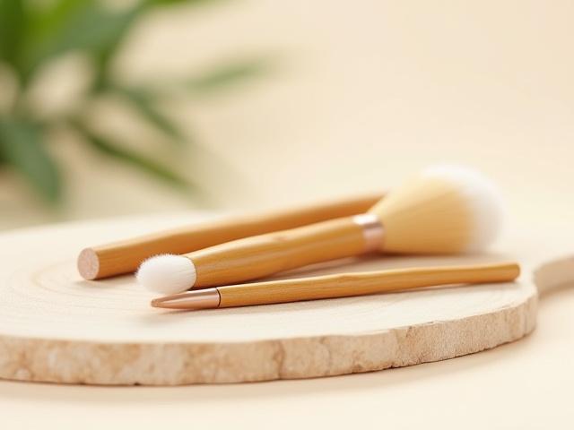 Set of professional makeup brushes with bamboo handles.
