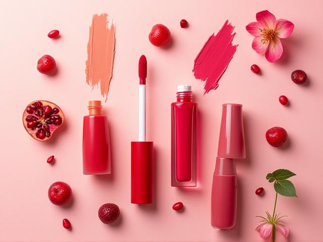 Collection of vibrant fruit-pigmented lipsticks and glosses.