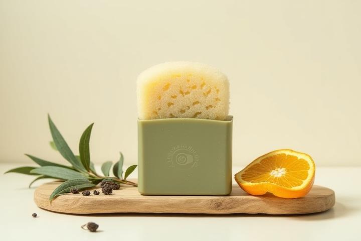 Rainforest Bloom's Botanical Brush & Sponge Soap, a solid bar with a mini scrub pad, infused with tea tree and orange peel oil.