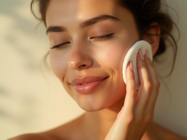 A serene face being gently cleansed with a botanical melting balm, soft light, focus on natural beauty.