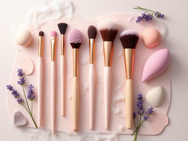 An array of makeup brushes and sponges being cleaned with a specialized brush soap, water and gentle suds.