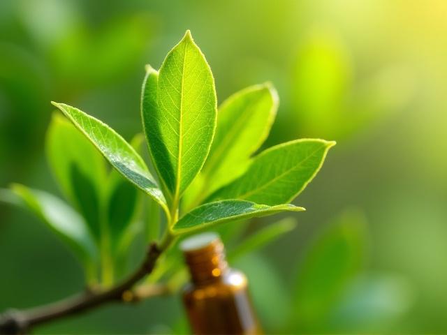 Close-up of fresh tea tree leaves and essential oil bottle