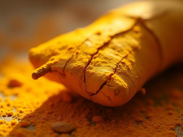 Close-up of vibrant turmeric root with soft lighting