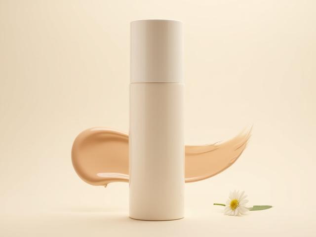 Calm & Cover Foundation bottle, with a creamy, natural-looking texture swatch.